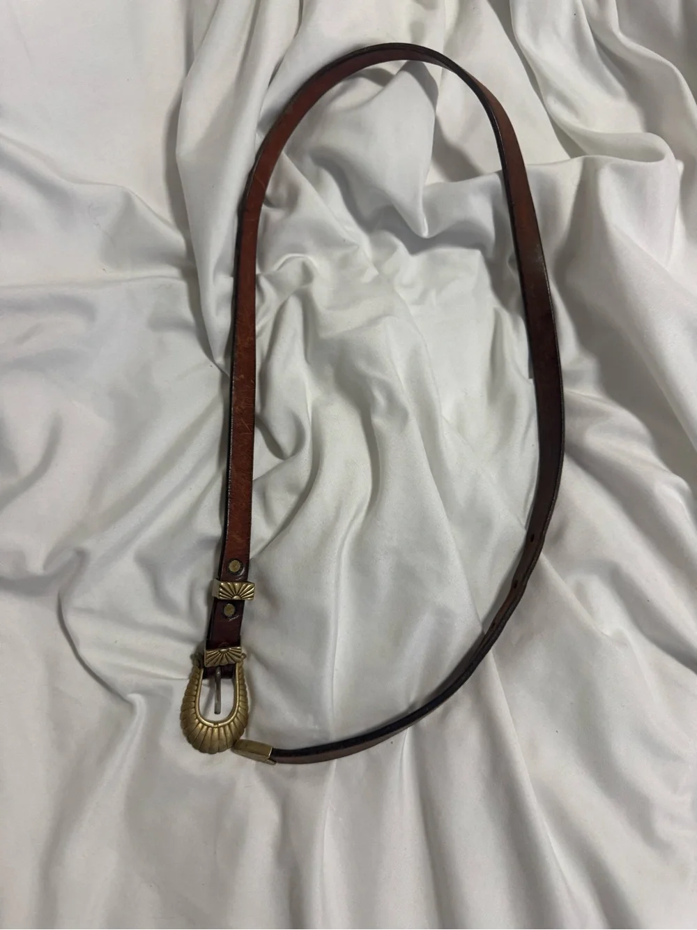 Women's Brown Leather Belt with Ornate Brass Buckle